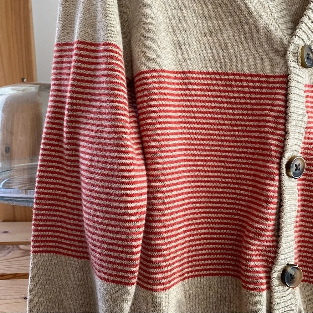 Tea Collection Tan Red Stripe Pima Cotton Cardigan Sweater